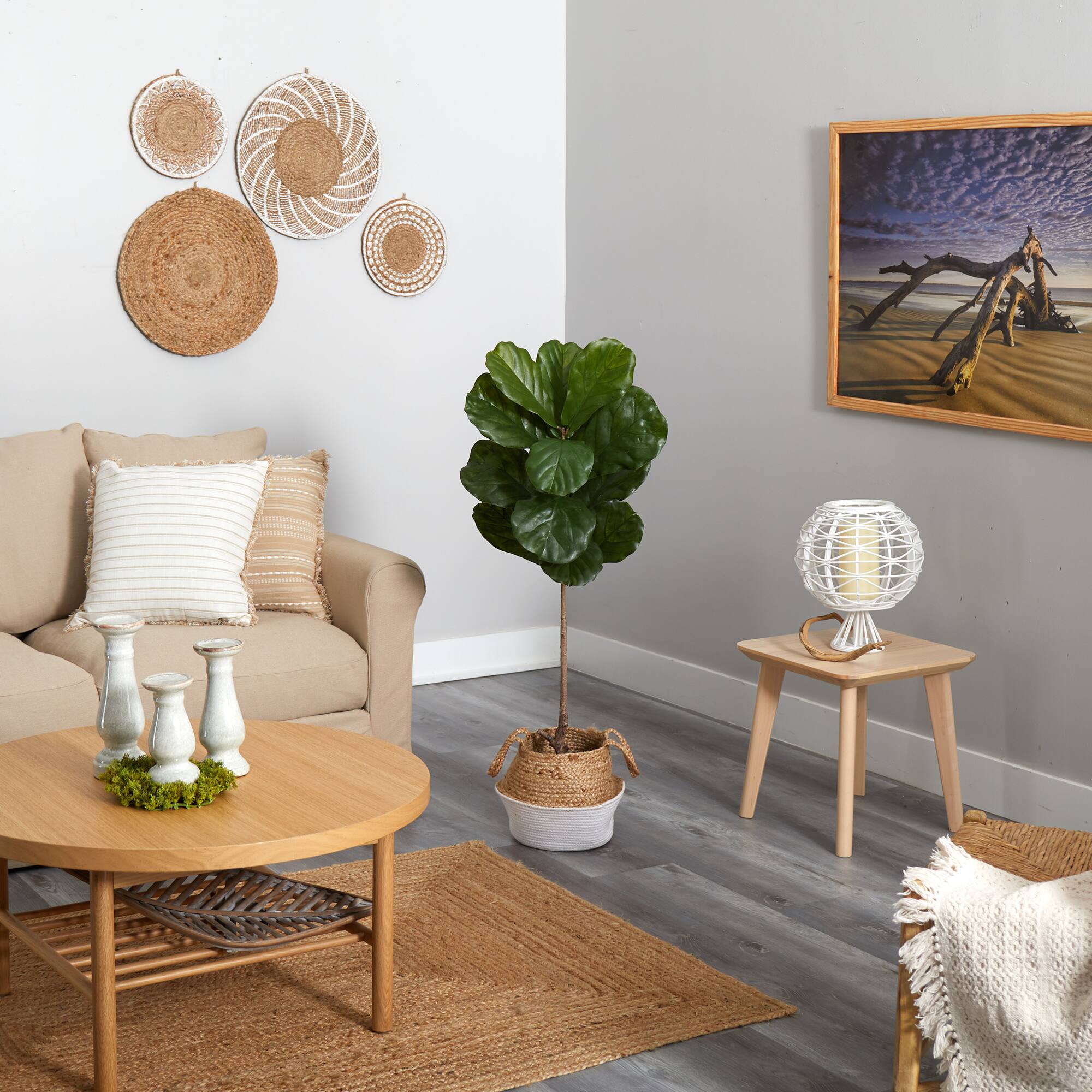 4ft. Fiddle Leaf Artificial Tree in Boho Chic Handmade Cotton & Jute Woven Planter UV Resistant (Indoor/Outdoor